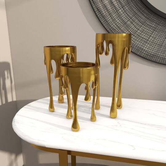 CosmoLiving by Cosmopolitan Gold Aluminum Pillar Candle Holder with Dripping Melting Designed Legs Set